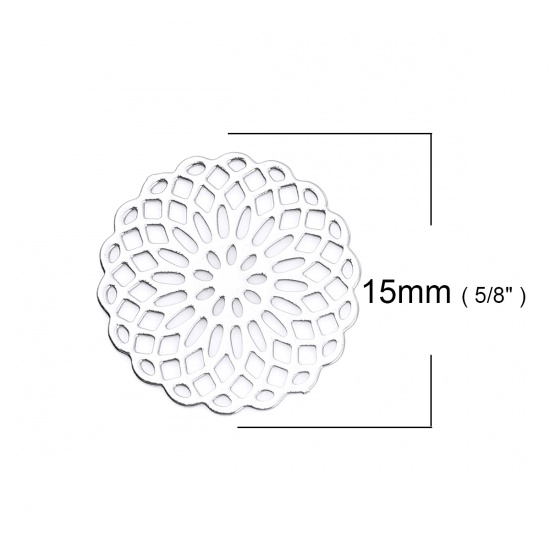 Picture of Brass Embellishments Silver Plated Round Flower 15mm( 5/8") x 15mm( 5/8"), 10 PCs                                                                                                                                                                             