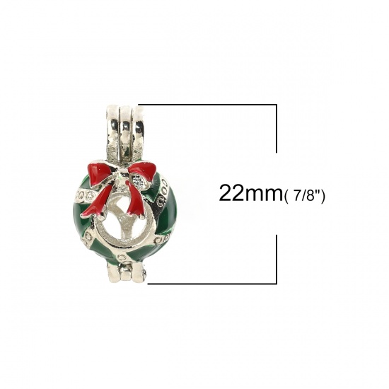 Picture of Zinc Based Alloy Wish Pearl Locket Jewelry Pendants Circle Ring Butterfly Silver Tone Green Enamel Can Open (Fit Bead Size: 8mm) 22mm( 7/8") x 13mm( 4/8"), 3 PCs