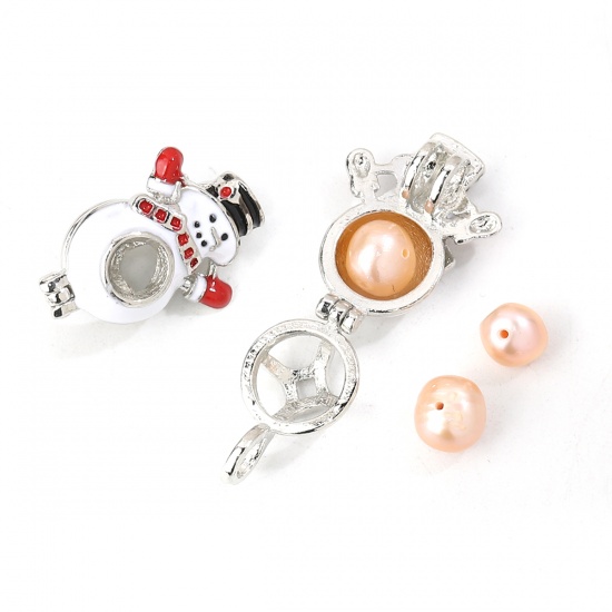 Picture of Zinc Based Alloy Wish Pearl Locket Jewelry Pendants Christmas Snowman Silver Tone White Enamel Can Open (Fit Bead Size: 8mm) 24mm(1") x 18mm( 6/8"), 3 PCs