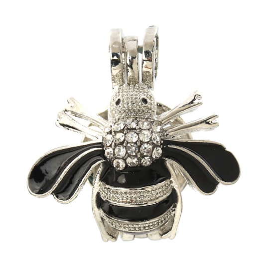 Picture of Zinc Based Alloy Wish Pearl Locket Jewelry Pendants Bee Animal Silver Tone Black Clear Rhinestone Enamel Can Open (Fit Bead Size: 8mm) 23mm( 7/8") x 22mm( 7/8"), 2 PCs