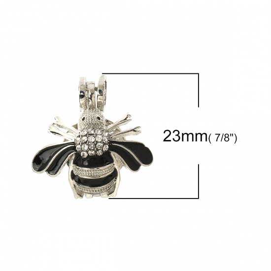 Picture of Zinc Based Alloy Wish Pearl Locket Jewelry Pendants Bee Animal Silver Tone Black Clear Rhinestone Enamel Can Open (Fit Bead Size: 8mm) 23mm( 7/8") x 22mm( 7/8"), 2 PCs