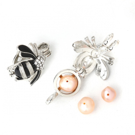 Picture of Zinc Based Alloy Wish Pearl Locket Jewelry Pendants Bee Animal Silver Tone Black Clear Rhinestone Enamel Can Open (Fit Bead Size: 8mm) 23mm( 7/8") x 22mm( 7/8"), 2 PCs