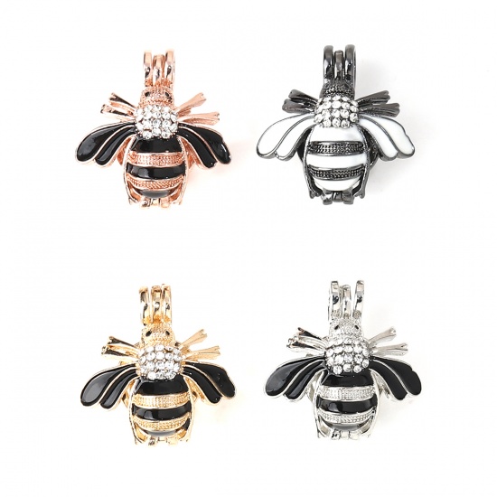 Picture of Zinc Based Alloy Wish Pearl Locket Jewelry Pendants Bee Animal Silver Tone Black Clear Rhinestone Enamel Can Open (Fit Bead Size: 8mm) 23mm( 7/8") x 22mm( 7/8"), 2 PCs