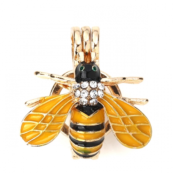 Picture of Zinc Based Alloy Wish Pearl Locket Jewelry Pendants Bee Animal Gold Plated Orange Clear Rhinestone Enamel Can Open (Fit Bead Size: 8mm) 23mm( 7/8") x 22mm( 7/8"), 2 PCs