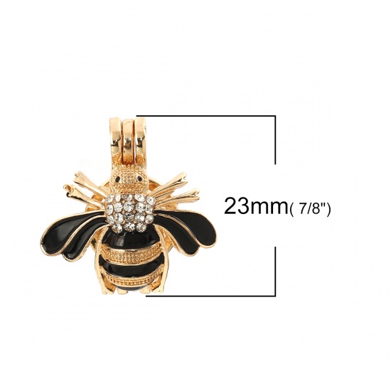 Picture of Zinc Based Alloy Wish Pearl Locket Jewelry Pendants Bee Animal Gold Plated Black Clear Rhinestone Enamel Can Open (Fit Bead Size: 8mm) 23mm( 7/8") x 22mm( 7/8"), 2 PCs