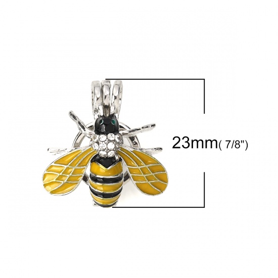Picture of Zinc Based Alloy Wish Pearl Locket Jewelry Pendants Bee Animal Silver Tone Yellow Clear Rhinestone Enamel Can Open (Fit Bead Size: 8mm) 23mm( 7/8") x 22mm( 7/8"), 2 PCs