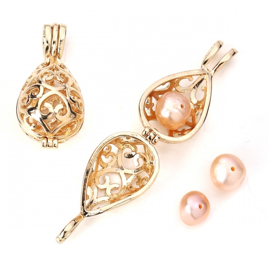 Picture of Copper Wish Pearl Locket Jewelry Pendants Drop Gold Plated Can Open (Fit Bead Size: 10mm) 30mm(1 1/8") x 14mm( 4/8"), 3 PCs