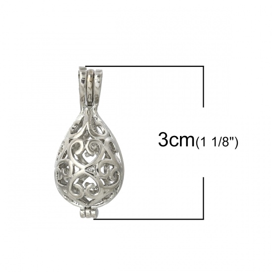 Picture of Copper Wish Pearl Locket Jewelry Pendants Drop Silver Tone Can Open (Fit Bead Size: 10mm) 30mm(1 1/8") x 14mm( 4/8"), 3 PCs