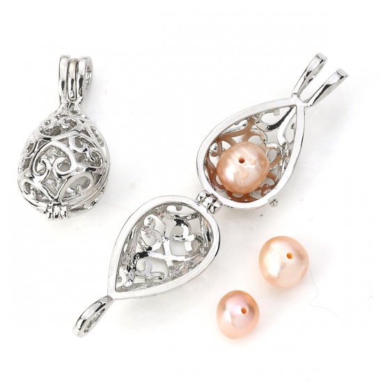 Picture of Copper Wish Pearl Locket Jewelry Pendants Drop Silver Tone Can Open (Fit Bead Size: 10mm) 30mm(1 1/8") x 14mm( 4/8"), 3 PCs
