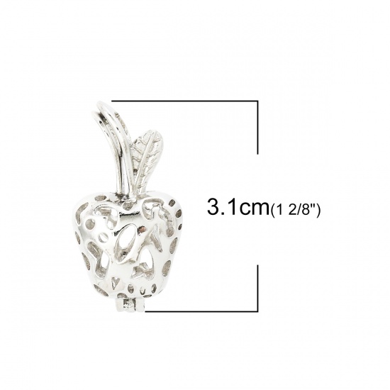 Picture of Zinc Based Alloy Wish Pearl Locket Jewelry Pendants Apple Fruit Silver Plated Can Open (Fit Bead Size: 8mm) 31mm(1 2/8") x 16mm( 5/8"), 5 PCs