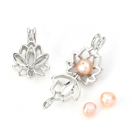 Bild von Zinklegierung Wunsch Perlenkäfig Schmuck Anhänger Lotosblume Silberfarbe Zum Öffnen (Für Perlengröße: 8mm) 25mm x 18mm, 5 Stück