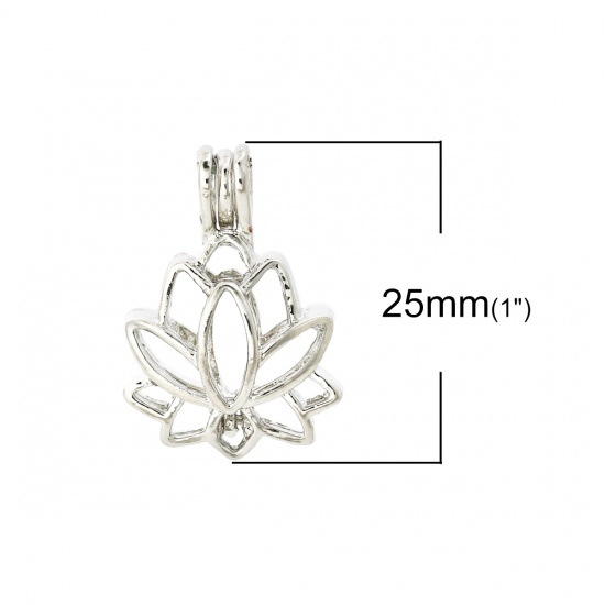 Picture of Zinc Based Alloy Wish Pearl Locket Jewelry Pendants Lotus Flower Silver Plated Can Open (Fit Bead Size: 8mm) 25mm(1") x 18mm( 6/8"), 5 PCs