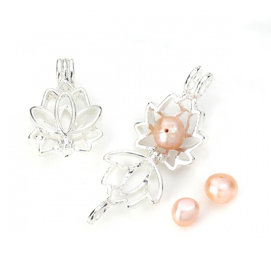 Picture of Zinc Based Alloy Wish Pearl Locket Jewelry Pendants Lotus Flower Silver Plated Can Open (Fit Bead Size: 8mm) 25mm(1") x 18mm( 6/8"), 5 PCs
