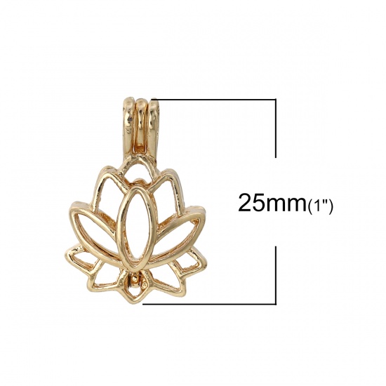 Picture of Zinc Based Alloy Wish Pearl Locket Jewelry Pendants Lotus Flower Gold Plated Can Open (Fit Bead Size: 8mm) 25mm(1") x 18mm( 6/8"), 5 PCs