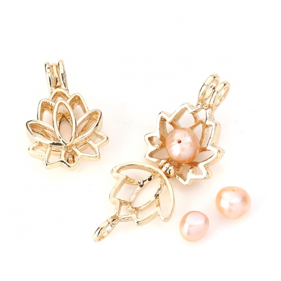 Picture of Zinc Based Alloy Wish Pearl Locket Jewelry Pendants Lotus Flower Gold Plated Can Open (Fit Bead Size: 8mm) 25mm(1") x 18mm( 6/8"), 5 PCs