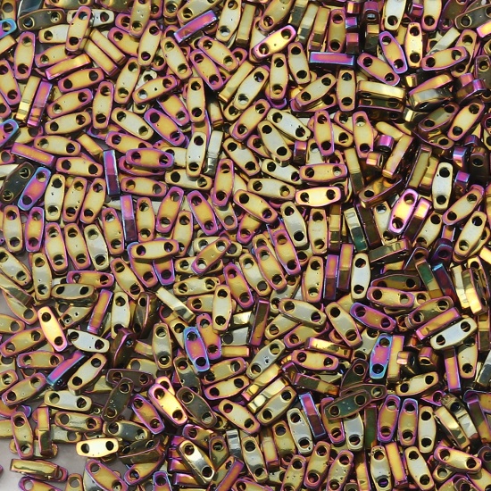 Picture of (Japan Import) Glass 1/4 Tila Rectangle Two Hole Twin Seed Beads Golden Fuchsia Metallic AB Color 5mm x 1.3mm, Hole: Approx 0.8mm, 1 Gram (Approx 50 PCs/Gram)