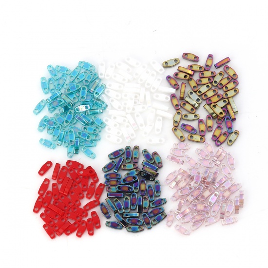 Picture of (Japan Import) Glass 1/4 Tila Rectangle Two Hole Twin Seed Beads Golden Fuchsia Metallic AB Color 5mm x 1.3mm, Hole: Approx 0.8mm, 1 Gram (Approx 50 PCs/Gram)