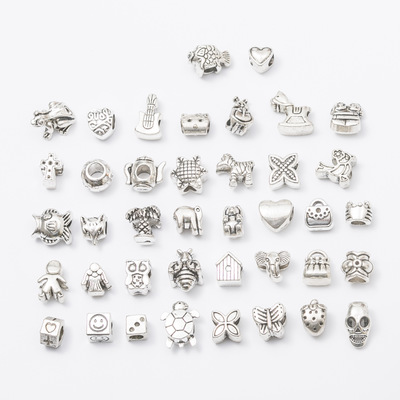 Picture of Zinc Based Alloy European Style Large Hole Charm Beads Animal Antique Silver Flower Mixed About 16mm x15mm( 5/8" x 5/8") - 9mm x8mm( 3/8" x 3/8"), Hole: Approx 4.6mm, 1 Set (Approx 40 PCs)