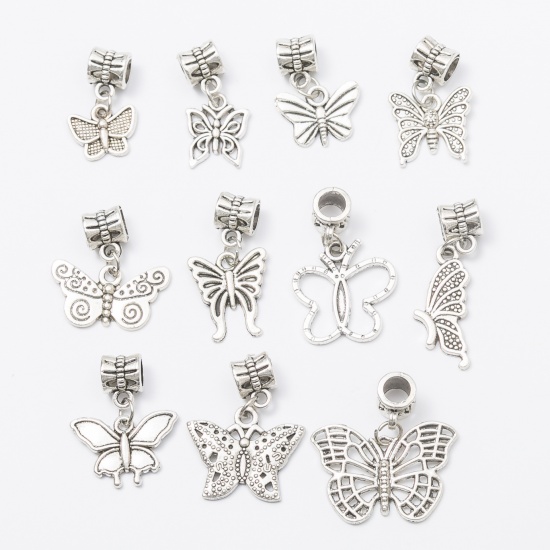 Picture of Zinc Based Alloy European Style Large Hole Charm Dangle Beads Butterfly Animal Antique Silver Mixed Pattern 27mm x26mm(1 1/8" x1") - 21mm x13mm( 7/8" x 4/8"), 1 Set (Approx 11 PCs)