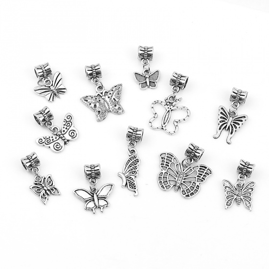 Picture of Zinc Based Alloy European Style Large Hole Charm Dangle Beads Butterfly Animal Antique Silver Mixed Pattern 27mm x26mm(1 1/8" x1") - 21mm x13mm( 7/8" x 4/8"), 1 Set (Approx 11 PCs)