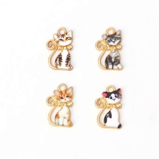 Picture of Zinc Based Alloy Charms Cat Animal Gold Plated Orange Enamel 21mm( 7/8") x 13mm( 4/8"), 10 PCs