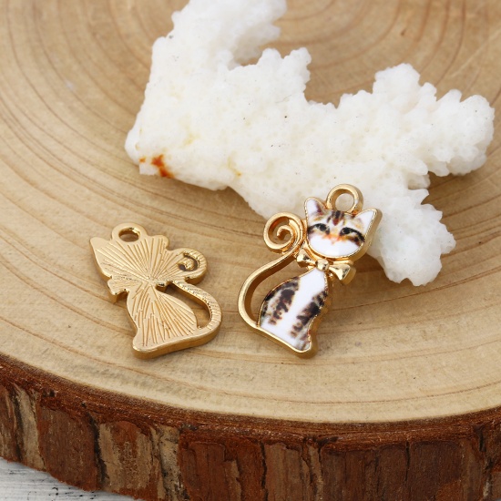 Picture of Zinc Based Alloy Charms Cat Animal Gold Plated White Enamel 21mm( 7/8") x 13mm( 4/8"), 10 PCs
