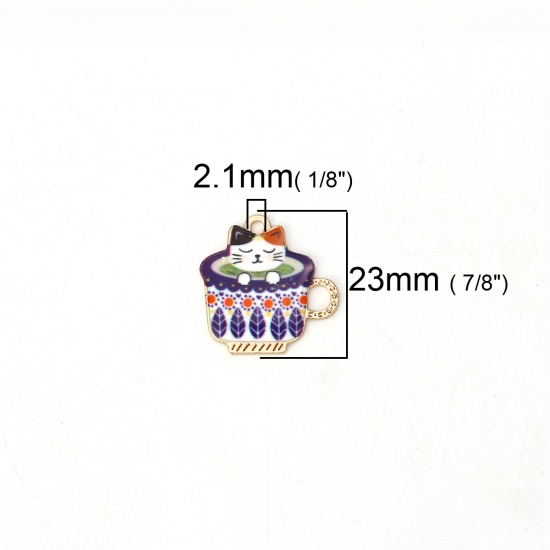 Изображение Подвески Чашка Позолоченный Разноцветный Кошка С Эмалью 23мм x 23мм, 10 ШТ