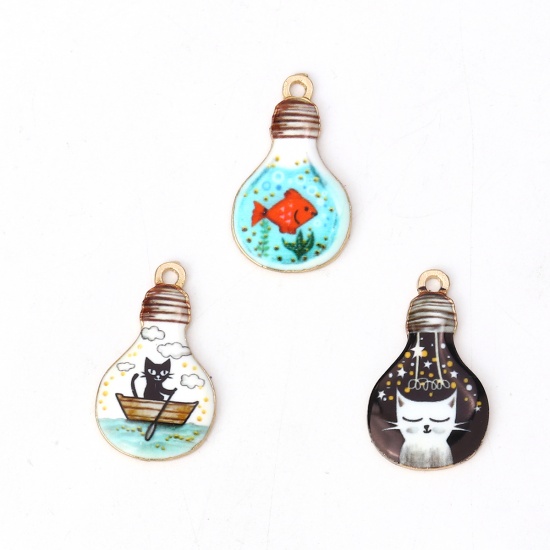 Picture of Zinc Based Alloy Charms Bulb Gold Plated Multicolor Fish Enamel 28mm(1 1/8") x 17mm( 5/8"), 10 PCs