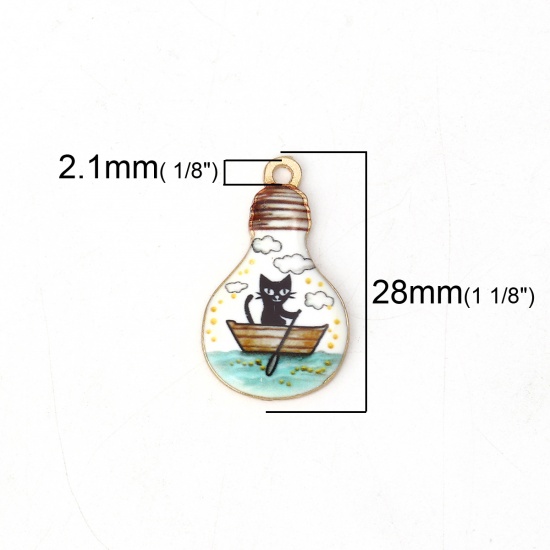 Immagine di Lega di Zinco Charms Bulbo Electronico Oro Placcato Multicolore Gatto Smalto 28mm x 17mm , 10 Pz
