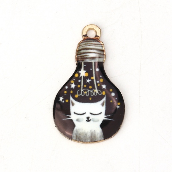 亜鉛合金 チャーム 電球 金メッキ 黒 猫 エナメル 28mmx 17mm、 10 個 の画像