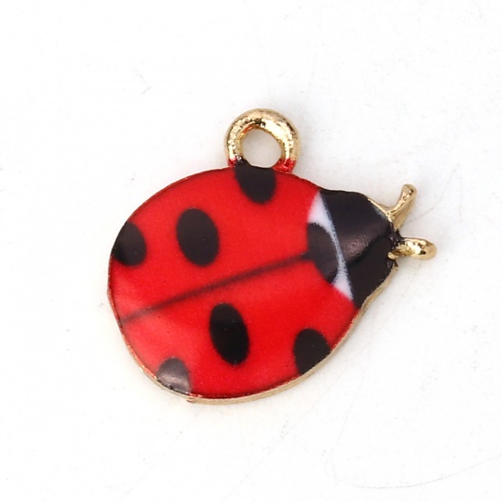 Picture of Zinc Based Alloy Charms Ladybug Animal Gold Plated Black & Red Enamel 15mm( 5/8") x 13mm( 4/8"), 10 PCs