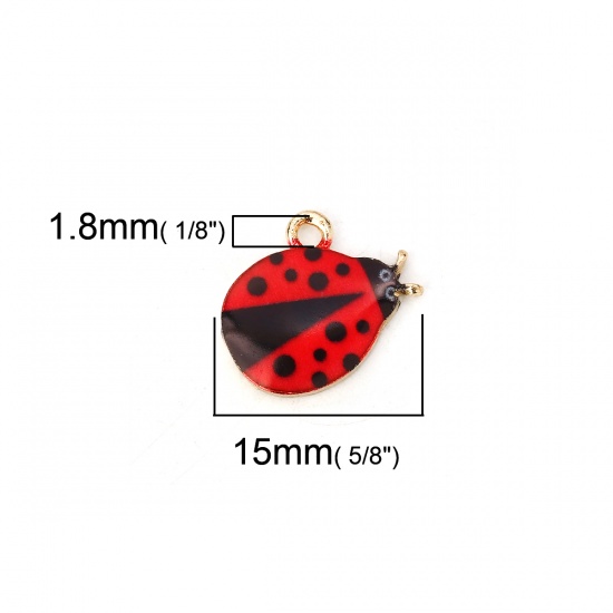 Picture of Zinc Based Alloy Charms Ladybug Animal Gold Plated Black & Red Enamel 15mm( 5/8") x 13mm( 4/8"), 10 PCs