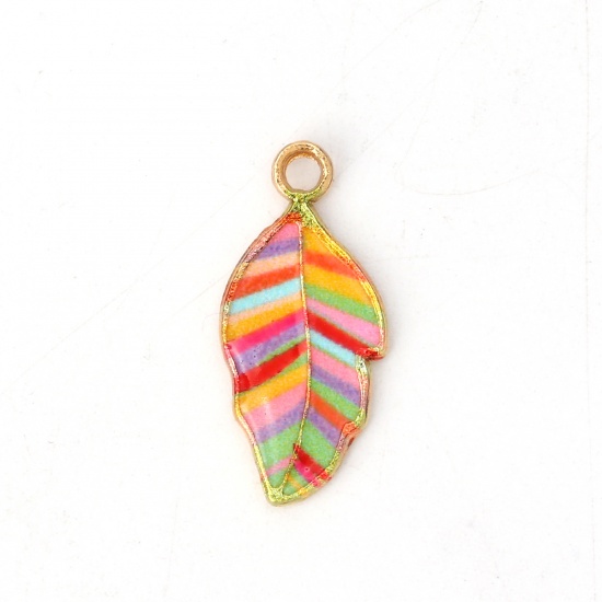 Picture of Zinc Based Alloy Charms Leaf Gold Plated Multicolor Enamel 22mm( 7/8") x 10mm( 3/8"), 10 PCs