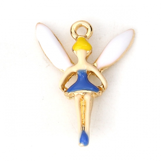 Picture of Zinc Based Alloy Charms Fairy Gold Plated Blue Enamel 16mm( 5/8") x 13mm( 4/8"), 10 PCs