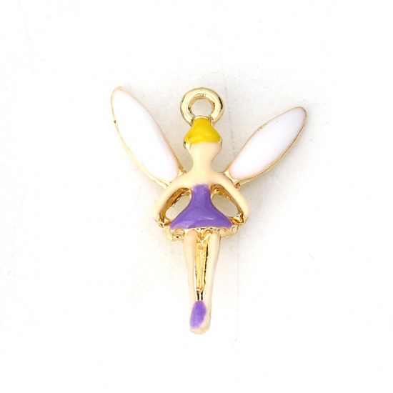 Picture of Zinc Based Alloy Charms Fairy Gold Plated Purple Enamel 16mm( 5/8") x 13mm( 4/8"), 10 PCs