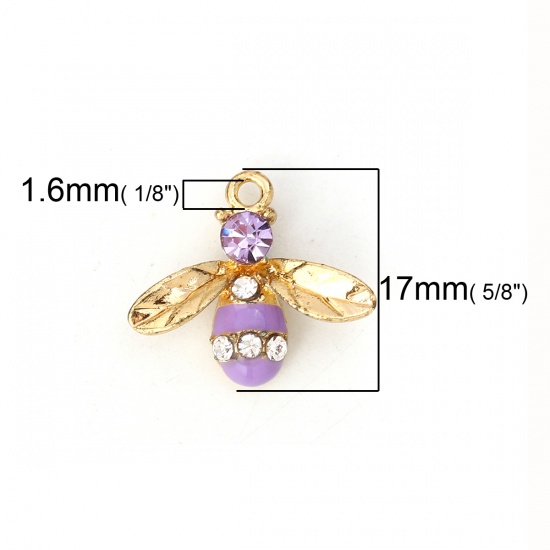 Picture of Zinc Based Alloy Charms Bee Animal Gold Plated Purple Clear Rhinestone Enamel 17mm( 5/8") x 15mm( 5/8"), 10 PCs