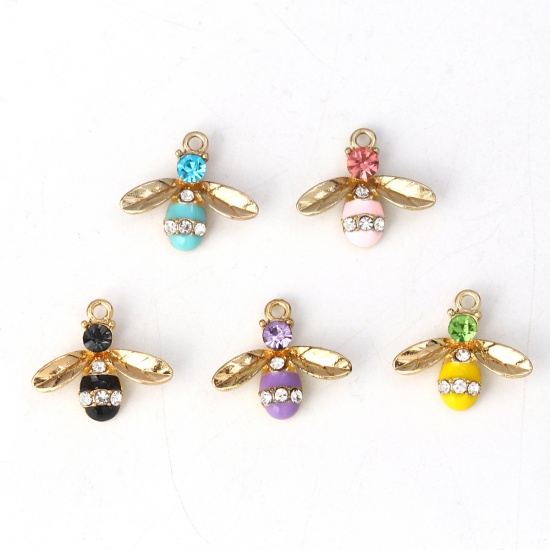 Picture of Zinc Based Alloy Charms Bee Animal Gold Plated Purple Clear Rhinestone Enamel 17mm( 5/8") x 15mm( 5/8"), 10 PCs