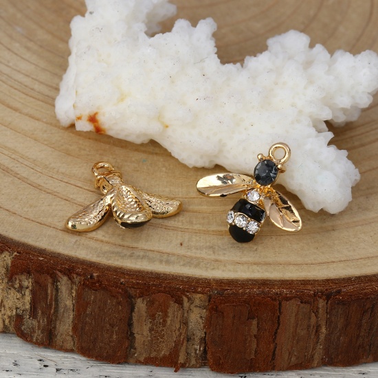 Picture of Zinc Based Alloy Charms Bee Animal Gold Plated Black Clear Rhinestone Enamel 17mm( 5/8") x 15mm( 5/8"), 10 PCs