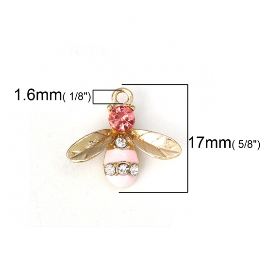 Picture of Zinc Based Alloy Charms Bee Animal Gold Plated Pink Clear Rhinestone Enamel 17mm( 5/8") x 15mm( 5/8"), 10 PCs