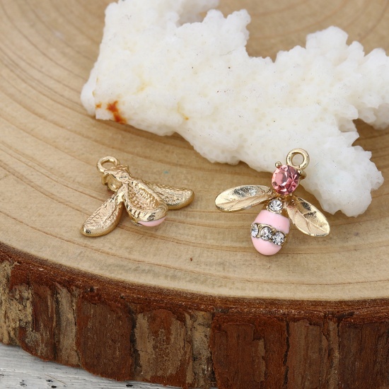 Picture of Zinc Based Alloy Charms Bee Animal Gold Plated Pink Clear Rhinestone Enamel 17mm( 5/8") x 15mm( 5/8"), 10 PCs