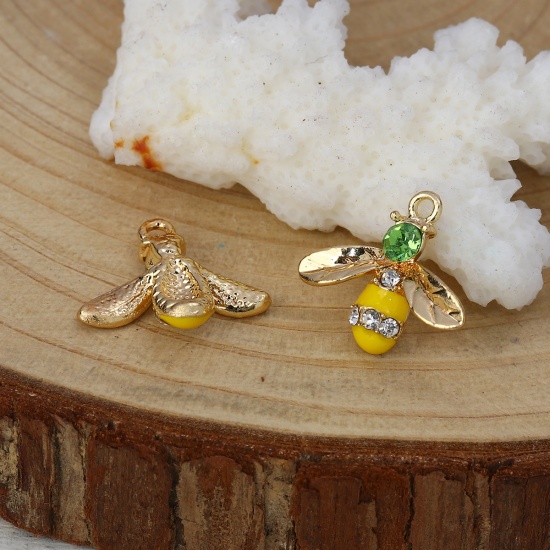 Picture of Zinc Based Alloy Charms Bee Animal Gold Plated Yellow Green Rhinestone Enamel 17mm( 5/8") x 15mm( 5/8"), 10 PCs