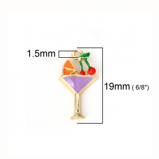 Picture of Zinc Based Alloy Charms Wine Glass Gold Plated Multicolor Cherry Enamel 19mm( 6/8") x 11mm( 3/8"), 10 PCs