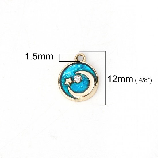Picture of Zinc Based Alloy Charms Half Moon Gold Plated Deep Blue Star Clear Rhinestone Enamel 12mm( 4/8") x 10mm( 3/8"), 10 PCs