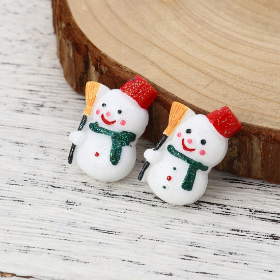 Picture of Resin Embellishments Christmas Snowman White Glitter 28mm(1 1/8") x 16mm( 5/8"), 10 PCs