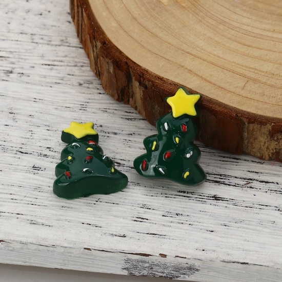 Picture of Resin Embellishments Christmas Tree Green Star Pattern 27mm(1 1/8") x 20mm( 6/8"), 10 PCs