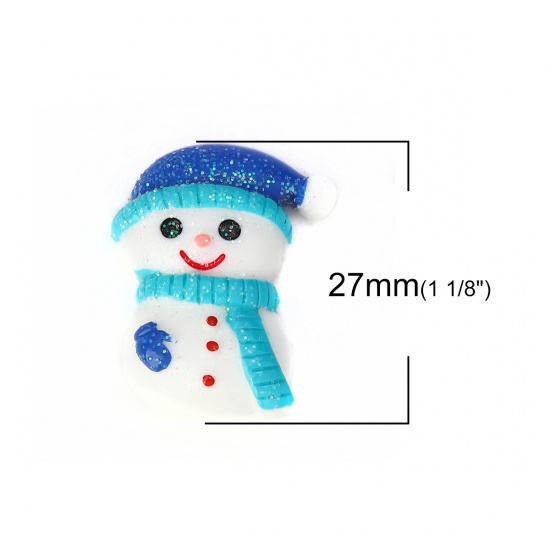 Picture of Resin Embellishments Christmas Snowman White & Blue Glitter 27mm(1 1/8") x 21mm( 7/8"), 10 PCs