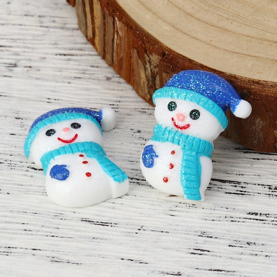 Picture of Resin Embellishments Christmas Snowman White & Blue Glitter 27mm(1 1/8") x 21mm( 7/8"), 10 PCs