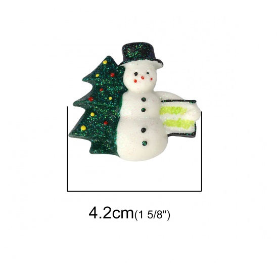 Picture of Resin Embellishments Christmas Snowman White & Green Christmas Tree Pattern Glitter 42mm(1 5/8") x 38mm(1 4/8"), 10 PCs