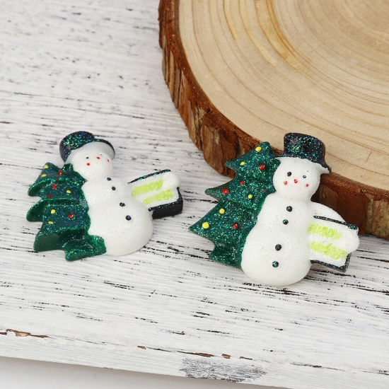 Picture of Resin Embellishments Christmas Snowman White & Green Christmas Tree Pattern Glitter 42mm(1 5/8") x 38mm(1 4/8"), 10 PCs