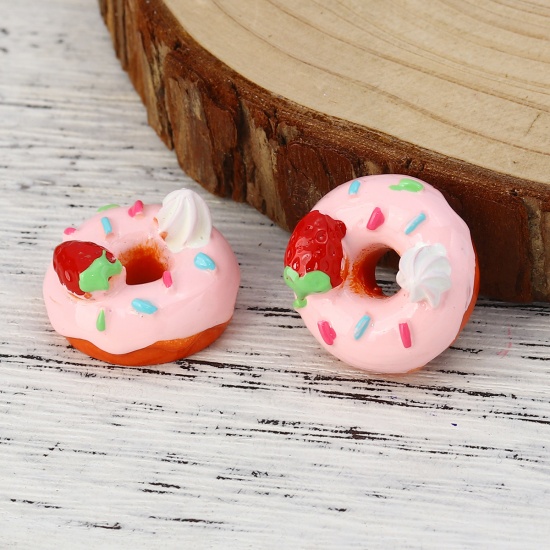 Picture of Resin Embellishments Donut Pink Strawberries Pattern 22mm( 7/8") x 22mm( 7/8"), 10 PCs